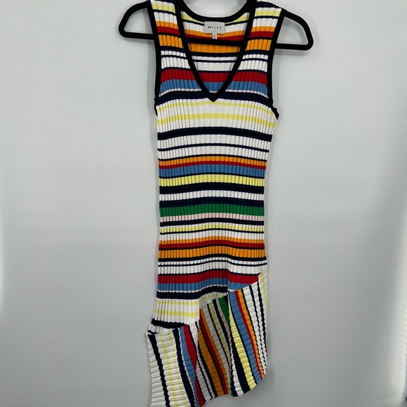 Milly Directional Pop Stripe Bodycon Mini Dress Sleeveless Knit Asymmetrical M - Picture 2 of 11